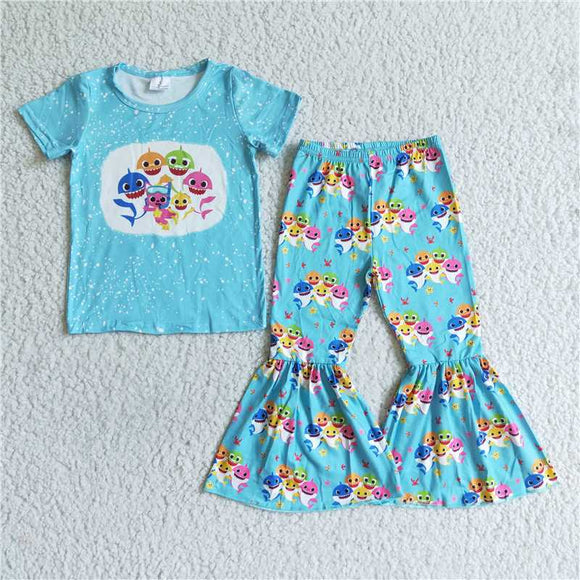 B18-14 Baby shark blue flared pants set