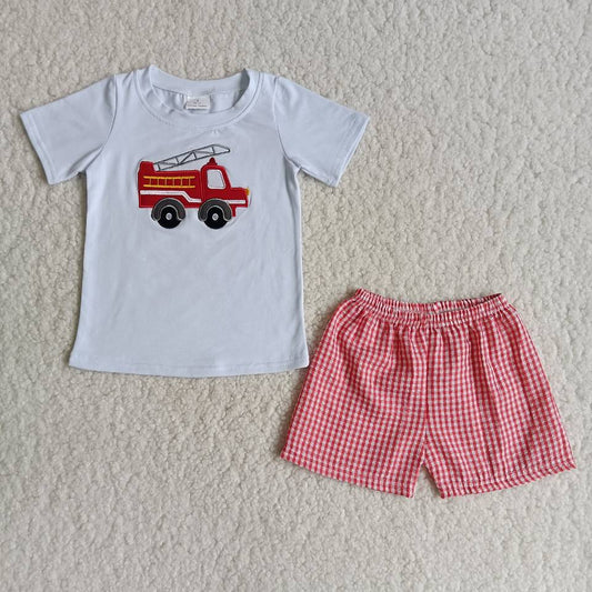 B3-13 Embroidery fire engine cotton top plaid pants boy