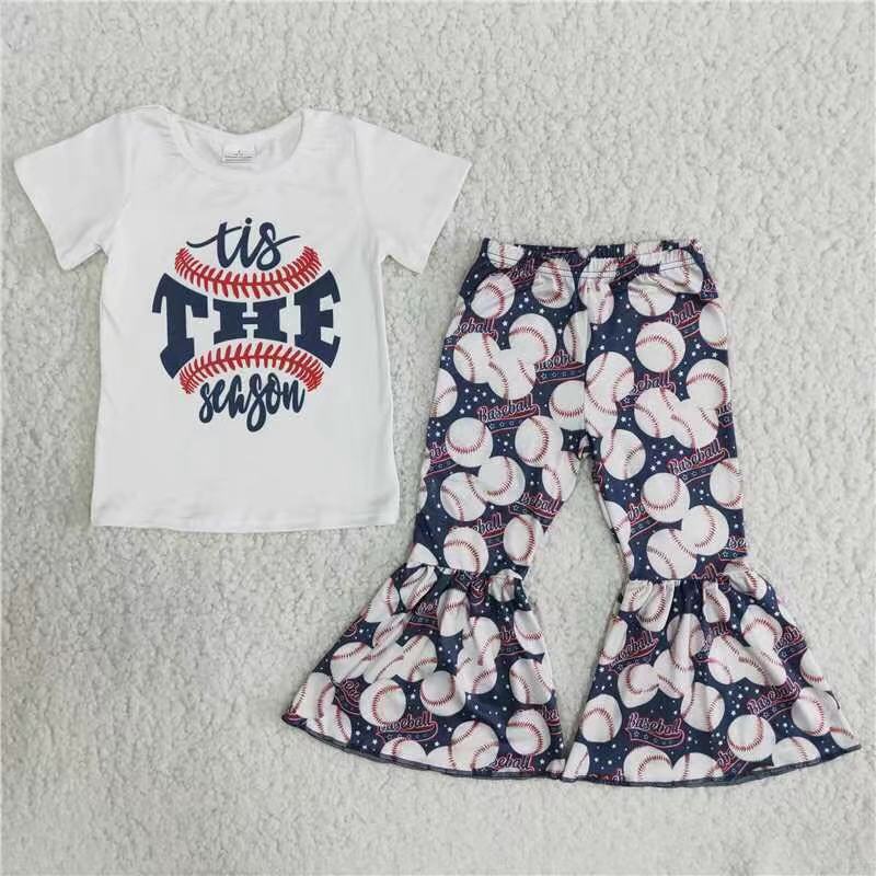 B5-13 Baby Girls Short Sleeve Tis The Season Tops Flares Bell Pants Baseball Set