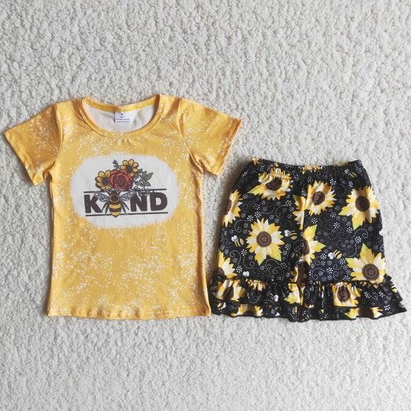 B5-2 KND Bee yellow short sleeve sunflower shorts set