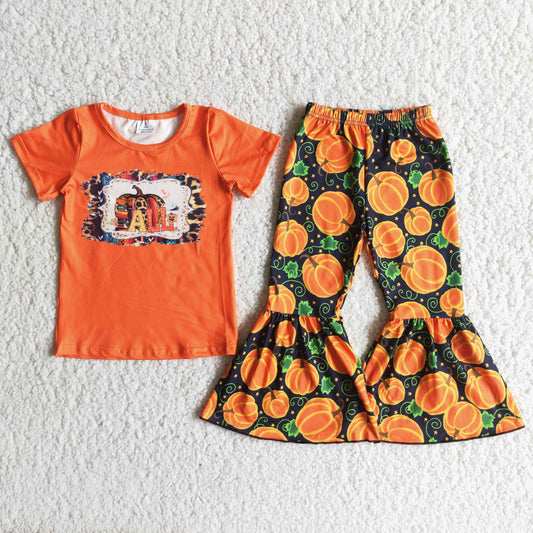 8.4 RTS NO MOQ（In Stock) B6-1 Girls Pumpkin Green Leaf Orange Short Sleeve Flared Pants Suit