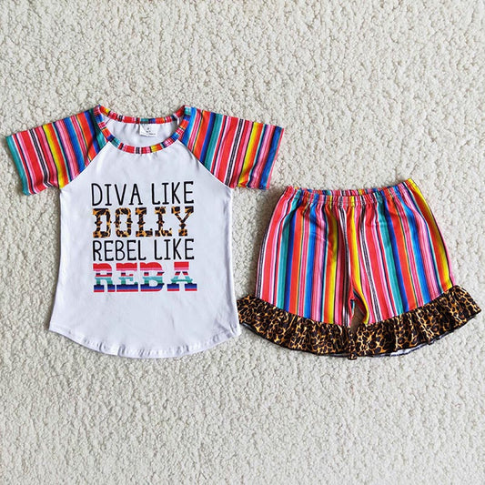 B7-1 Baby Girl Letter Colorful Stripe Leopard Ruffles Shorts Set