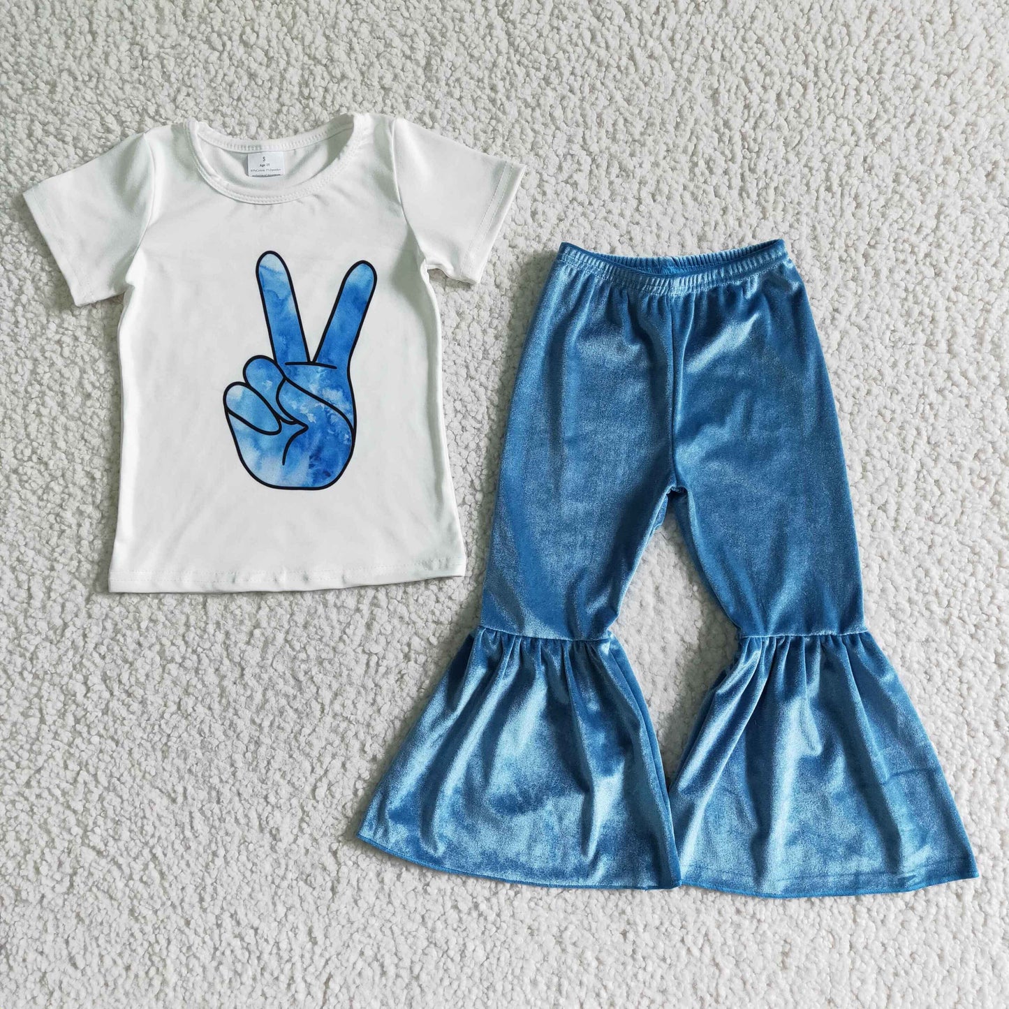B8-16 Baby Girl Peace Top Blue velvet pants Clothes Set outfits