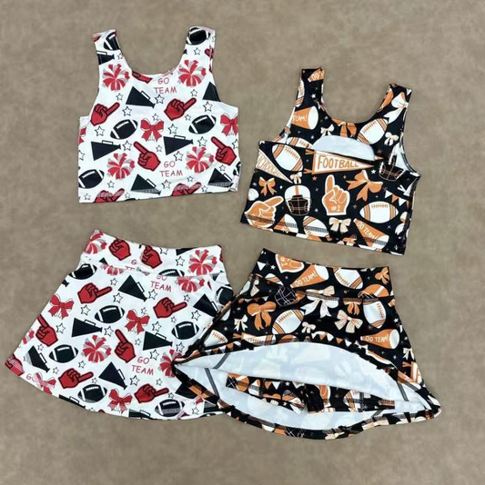 12/18m-8/9t Sibling baby girl clothes yoga Football Bow Pattern short sleeve skirts sets