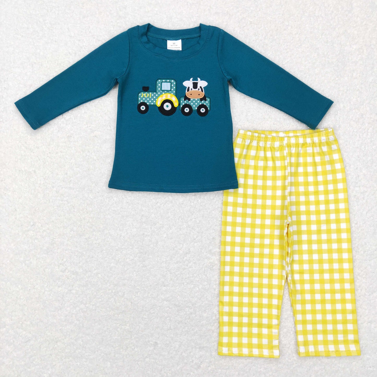 11.10 BLP0196 Embroidery Cow Tractor Yellow Plaid Green Long Sleeve Pants Suit