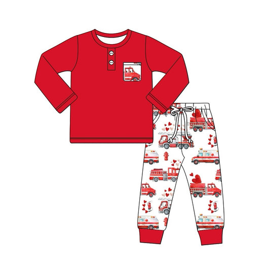 BLP1030 Baby Boys Firetrucks Valentines Red Tee Shirts Pants Outfits Clothes Sets Preorder