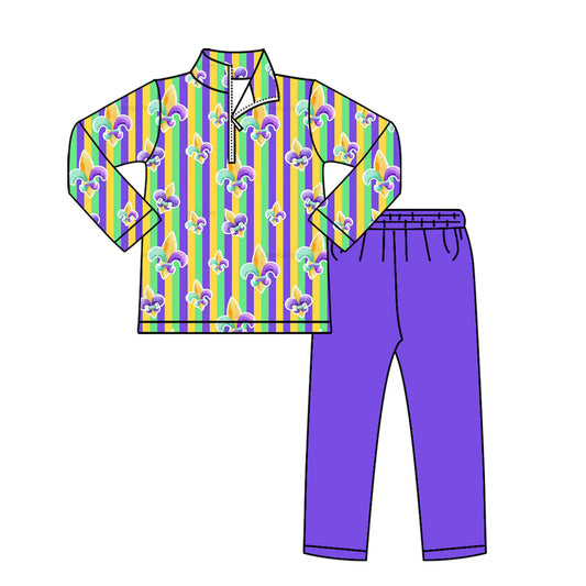 Pre-order no moq BLP1416 toddler boy clothes mardi gras long sleeve pants outfit-25.12.29