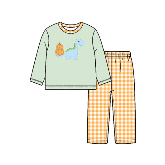 7.25 design Baby Boys Pumpkin Dinosaurs Top Checked Pants Fall Clothes Set