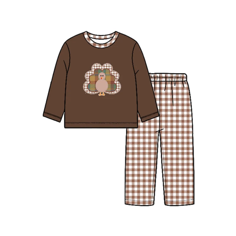 7.25 design Baby Boys Turkey Top Checked Pants Thanksgivings Clothes Set