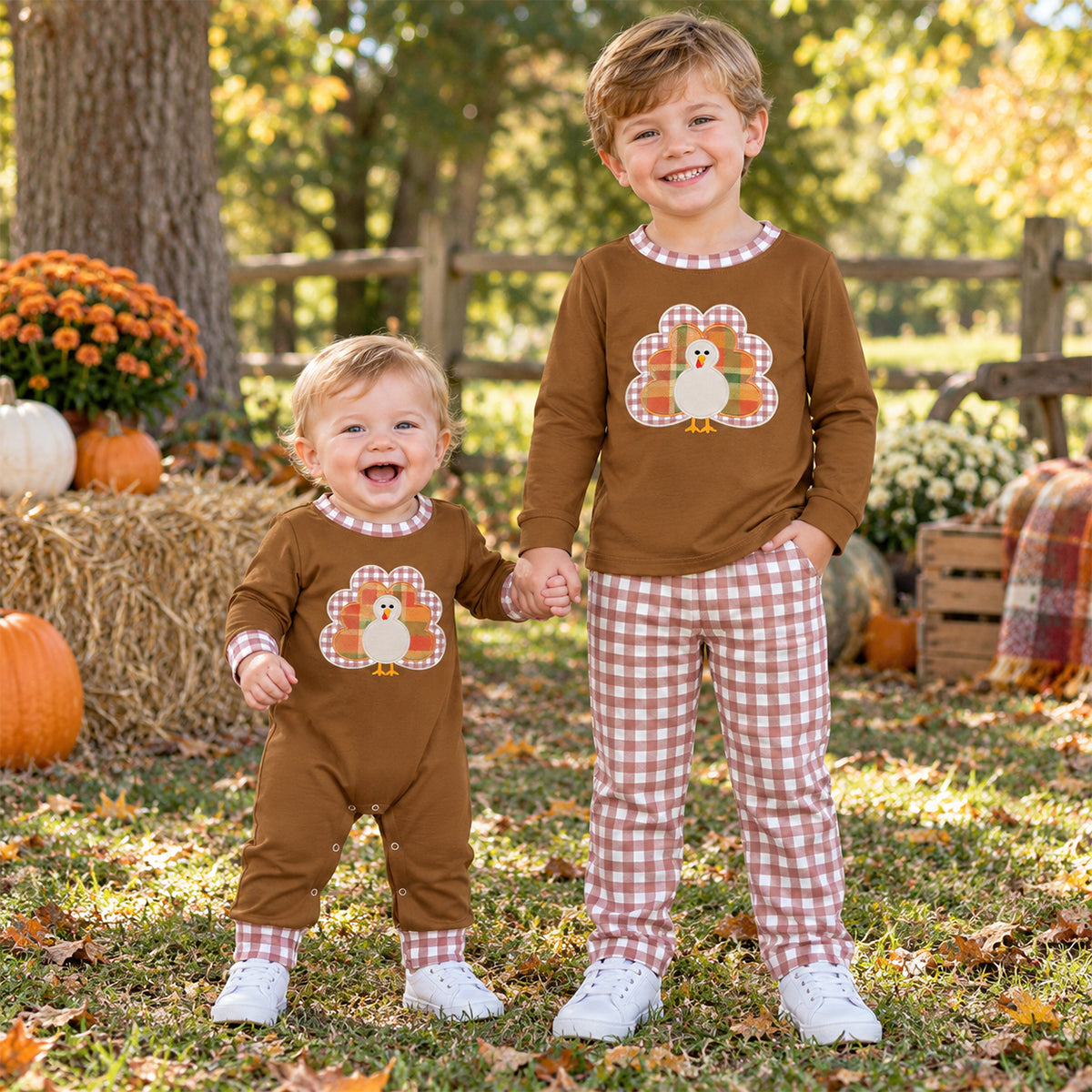 Sibling Baby Boys Embroidery Turkey Checked Pant Thanksgiving Set Pant Rompers