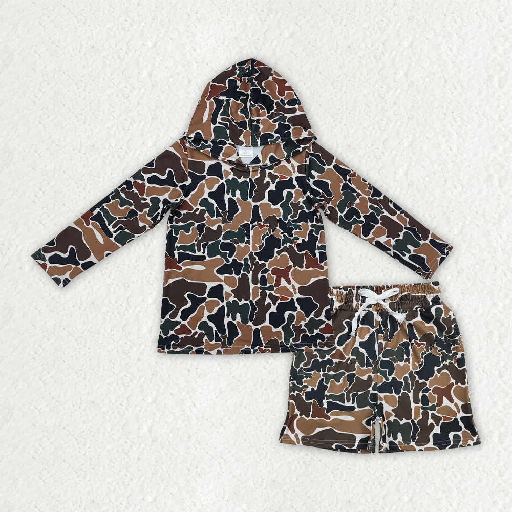 BLS0035 Kids Baby Boy Southern Dark Brown Camo Hoodie Top Pockets Shorts Clothes Sets