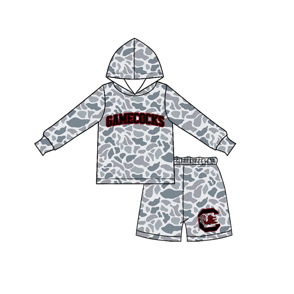 Custom Order Baby Boys Grey Camo Gamecocks Long Sleeve Hoodie Short Team Clothes Set