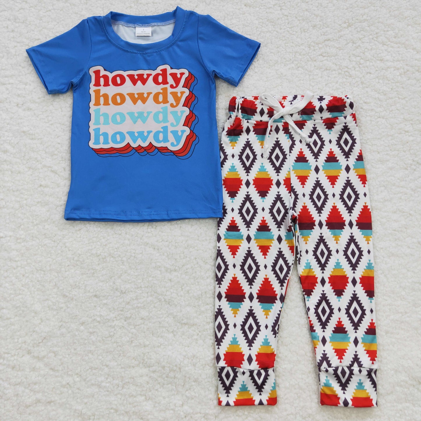 RTS NO MOQ（In Stock) BSPO0137 Howdy Letter Blue Short-Sleeve Aztec Pattern Pants Set