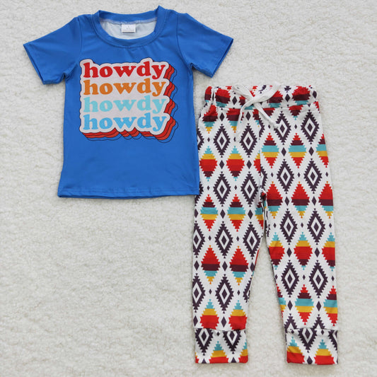 RTS NO MOQ（In Stock) BSPO0137 Howdy Letter Blue Short-Sleeve Aztec Pattern Pants Set