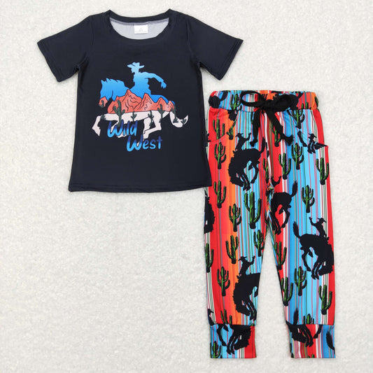 RTS NO MOQ（In Stock) BSPO0138 Wild West Horse Riding Black Short-Sleeve Cactus Blue Orange Striped Pants Set