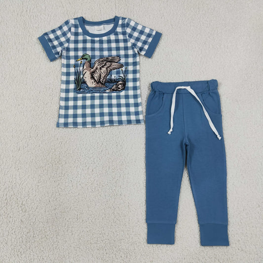 BSPO0690 Kids Baby Boys Blue Checked Ducks Top Pockets Jogger Hunting Clothes Sets