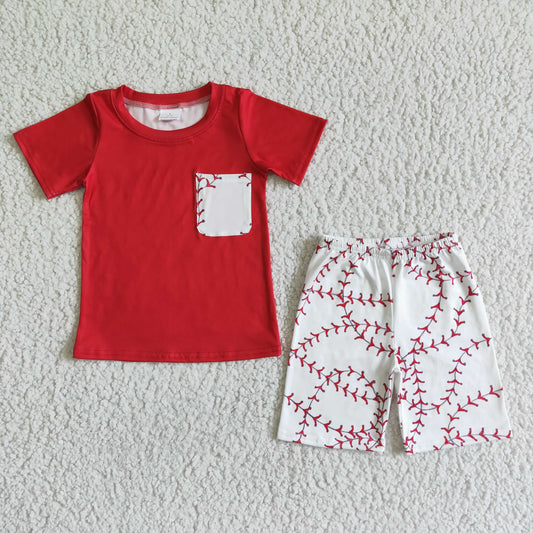 5.17 RTS NO MOQ BSSO0022 Boys Red Line Leaf Baseball Pattern White Pocket Short Sleeve Shorts Set