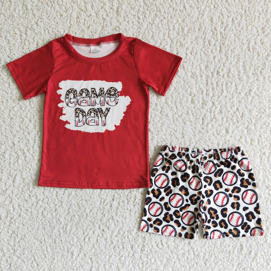 5.12 RTS NO MOQ BSSO0026 Boys GameDay Red Short Sleeve Baseball Leopard Print Shorts Set
