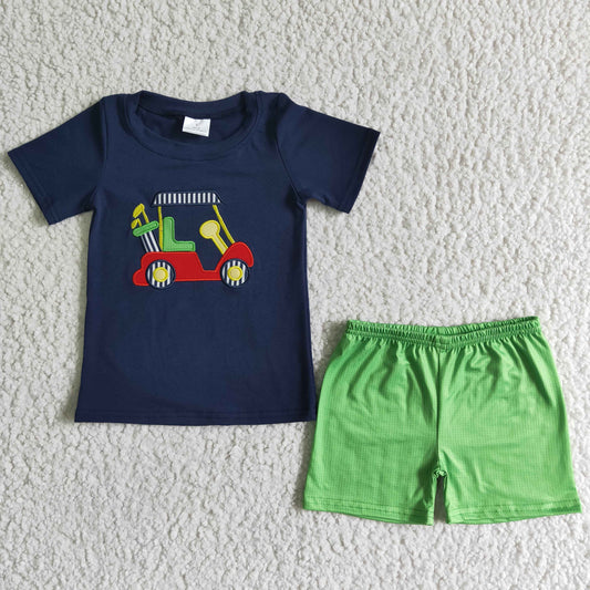 7.24 RTS NO MOQ（In Stock) BSSO0030 Boys Embroidered Car Black Short Sleeve Green Shorts Set