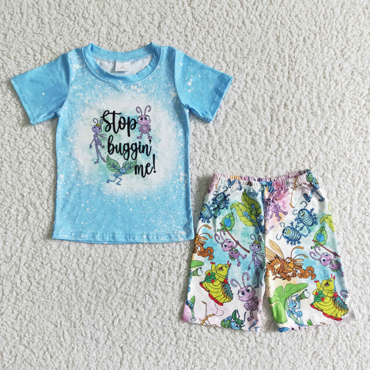 5.12 RTS NO MOQ BSSO0047 Boys stopbugginme blue short sleeve ant shorts suit