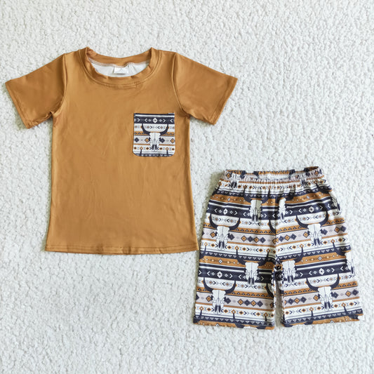 BSSO0073 Baby Boy Cow Skull Pocket Western Shorts Sets