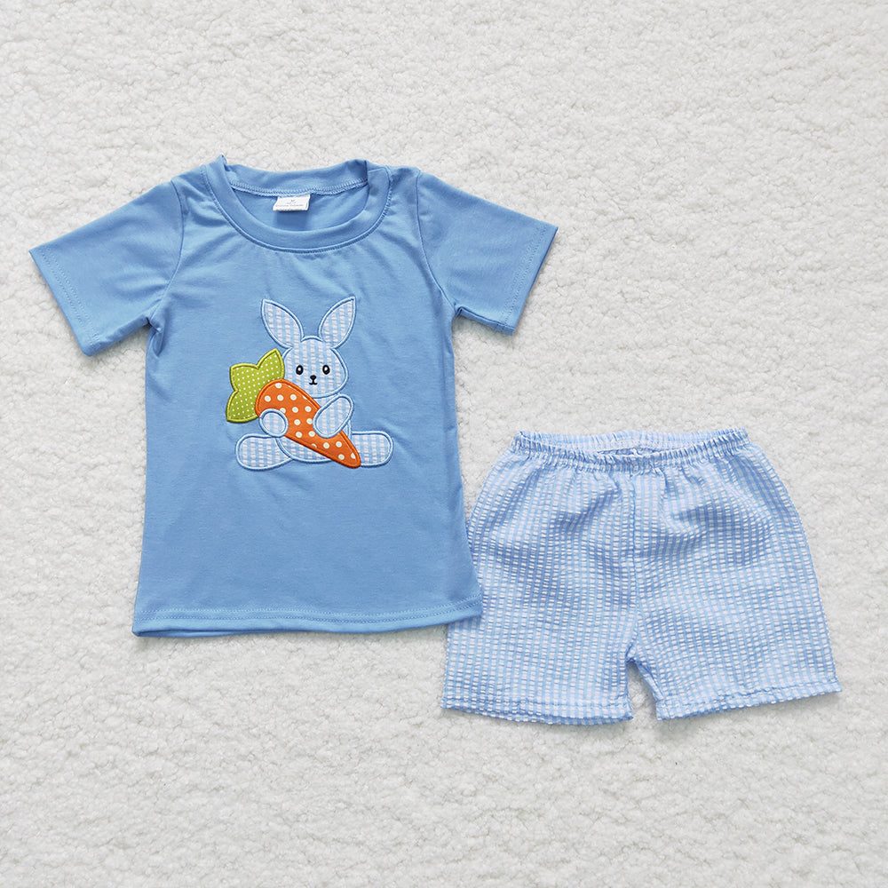 BSSO0087 Boys embroidered rabbit radish blue short-sleeved shorts set