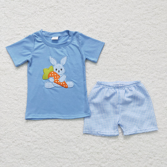 BSSO0087 Boys embroidered rabbit radish blue short-sleeved shorts set