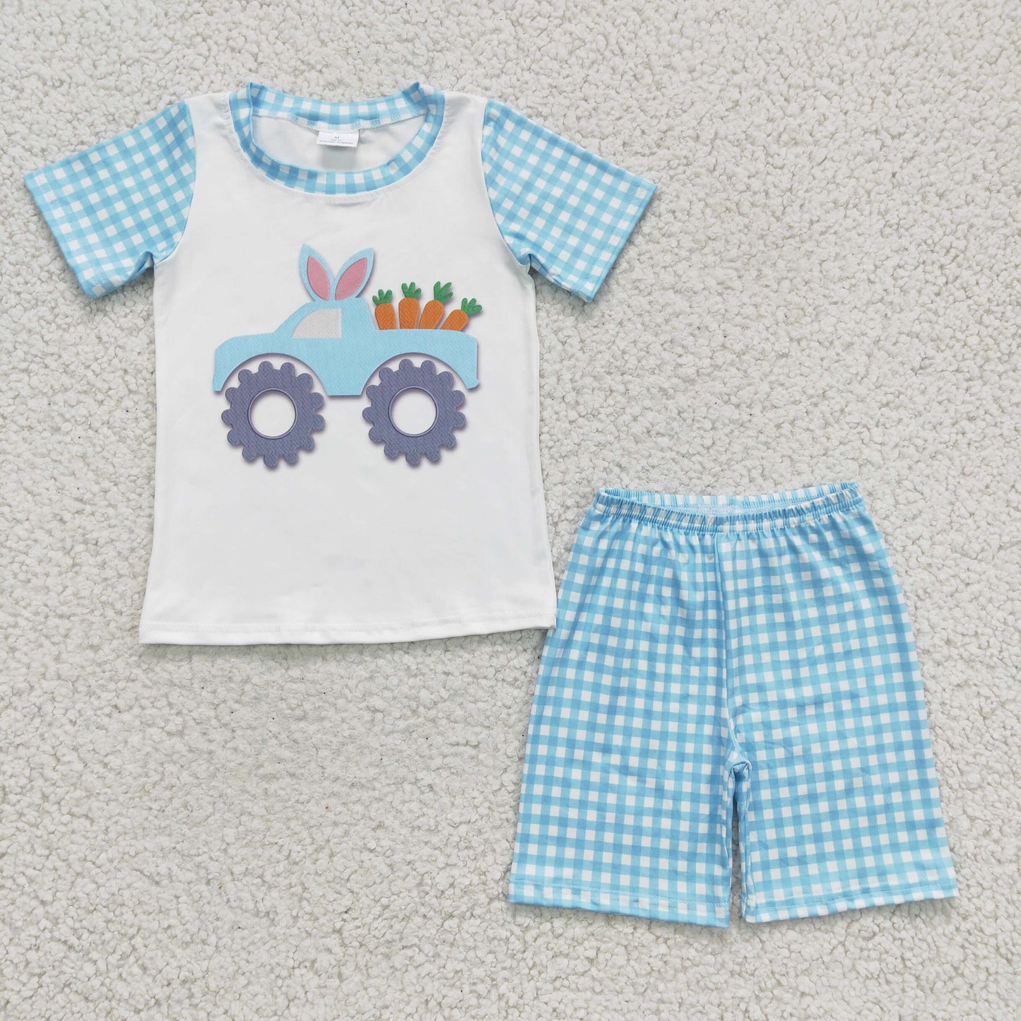 BSSO0091 Boy Rabbit Car radish blue short sleeve shorts set