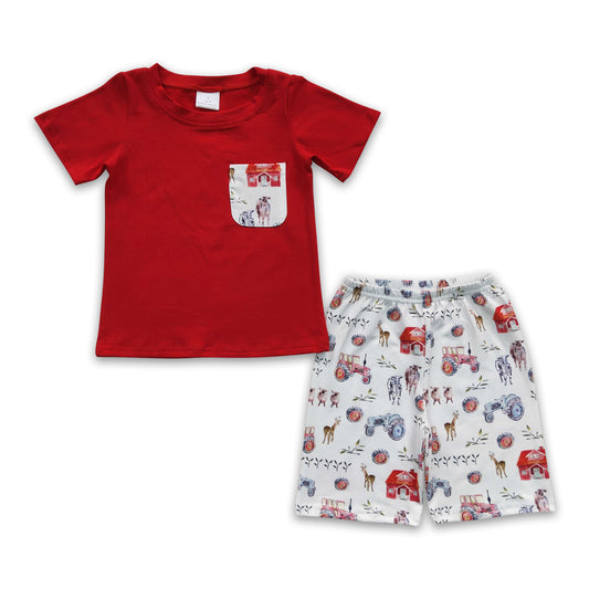 5.12 RTS NO MOQ BSSO0120 Boys Farm House Pocket Red Short Sleeve Shorts Set