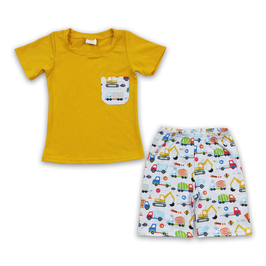 5.12 RTS NO MOQ BSSO0122 Boys Construction Vehicle Excavator Pocket Yellow Short Sleeve Shorts Set