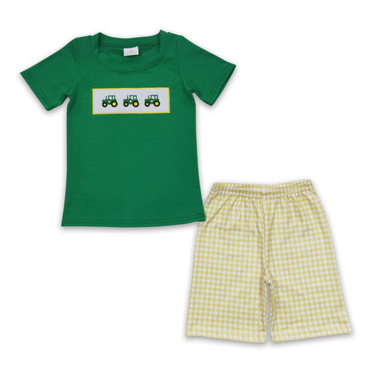 5.17 RTS NO MOQ BSSO0126 Boys Farm Cart Green Short Sleeve Yellow Shorts Set