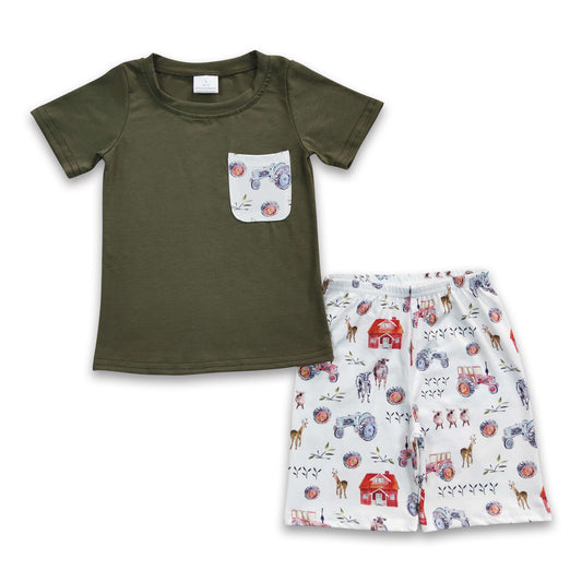 5.17 RTS NO MOQ BSSO0131 Boys Farm House Pocket Green Short Sleeve Shorts Set