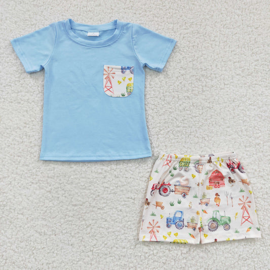 BSSO0142 Baby Boy Farm Light Blue Summer Shorts Sets