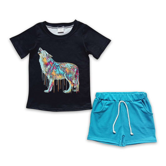 6.23 RTS NO MOQ BSSO0219 Boy Wolf Black Short Sleeve Blue Shorts Set