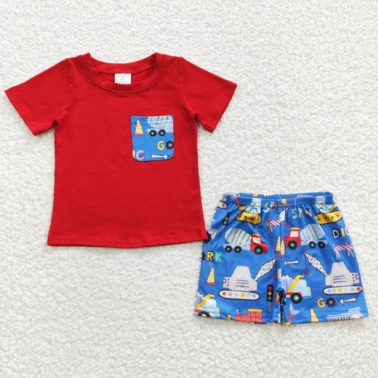 BSSO0233  Baby Boys Red Construction Pocket Top Shorts Clothes