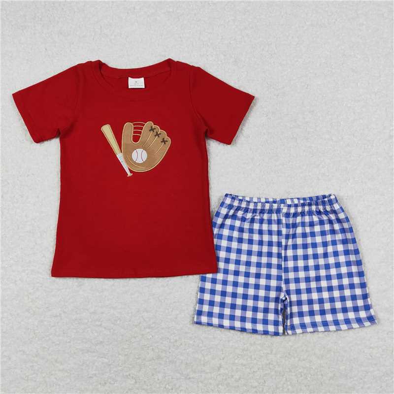 BSSO0353 Baby Boy Red Baseball Shirt Top Blue Checkered Shorts Clothing Sets