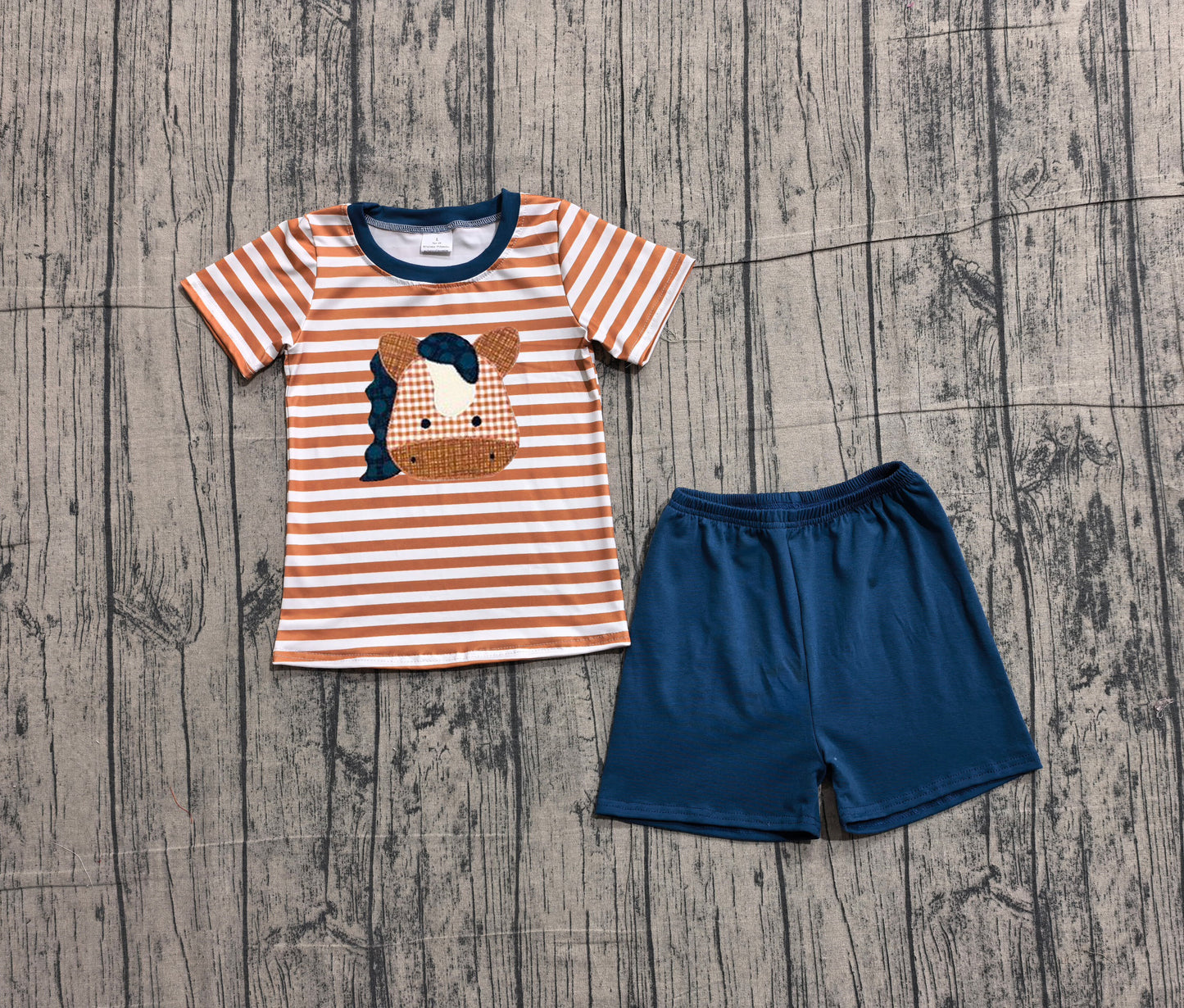 BSSO0380 Preorder IRL Baby Boy Embroidery Horse Stripe Shirts Top Shorts Western Clothes Sets