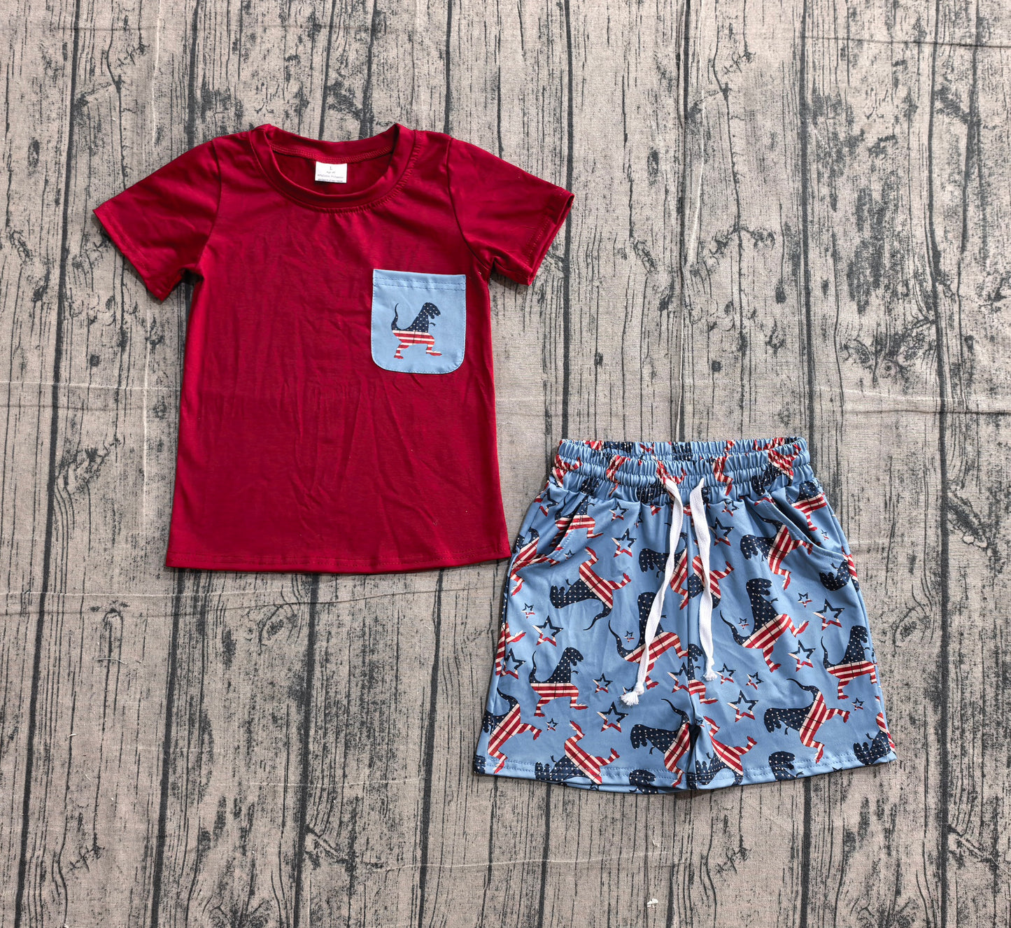 BSSO0519 Preorder Sample Baby Boys 4th Of July Dinosaurs Pocket Shirts Shorts Clothes Sets