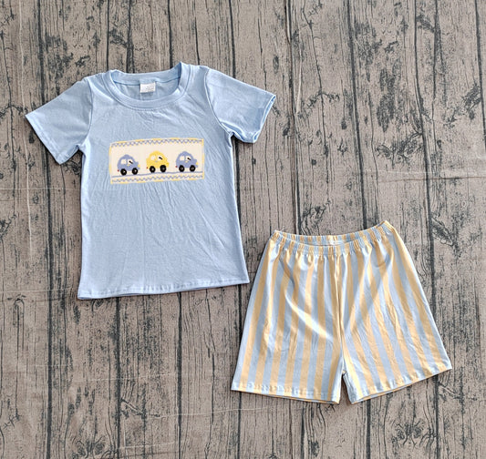 BSSO0617 Preorder Sample Embroidery Cars Baby Boy Blue Shirt Top Stripe Shorts Clothes Sets