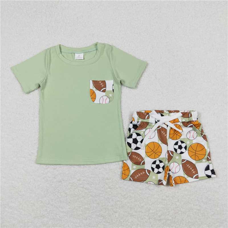 BSSO0694 Baby Boy Green Pocket Short Sleeve Shirt Sports Balls Shorts Clothes Sets