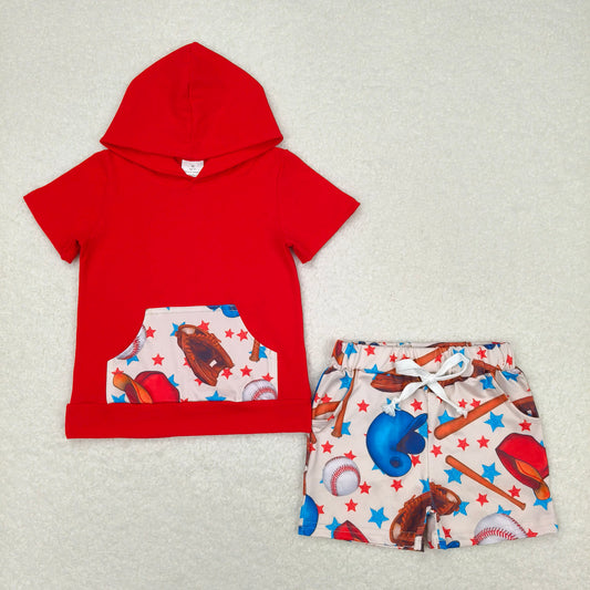 BSSO0704 Baby Boy Red Hooded Shirt Tops Baseball Shorts Clothes Sets