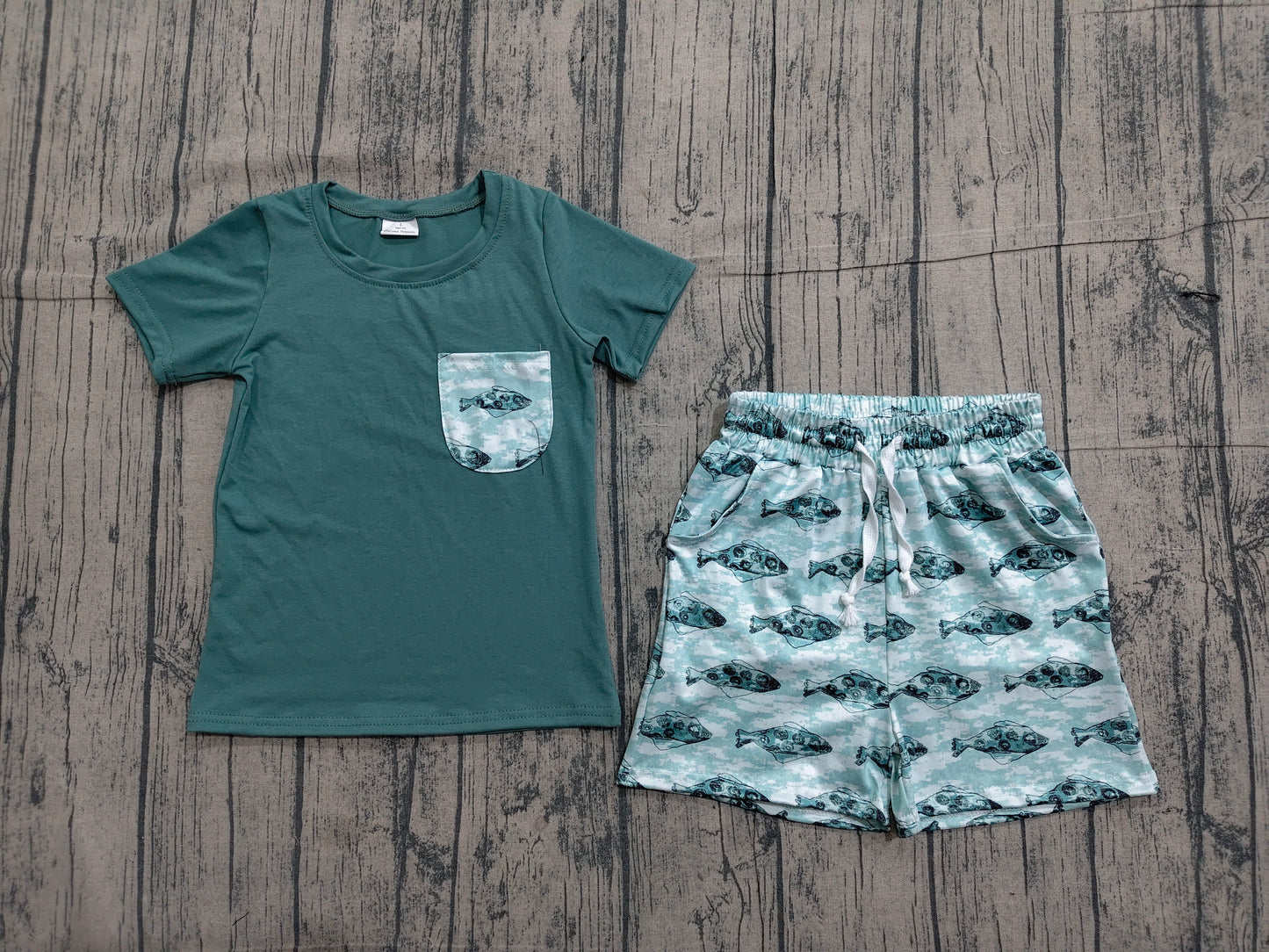 BSSO0838 Preorder Sample Baby Boys Dark Green Short Sleeve Tee Shirts Tops Fishes Shorts Clothes Sets