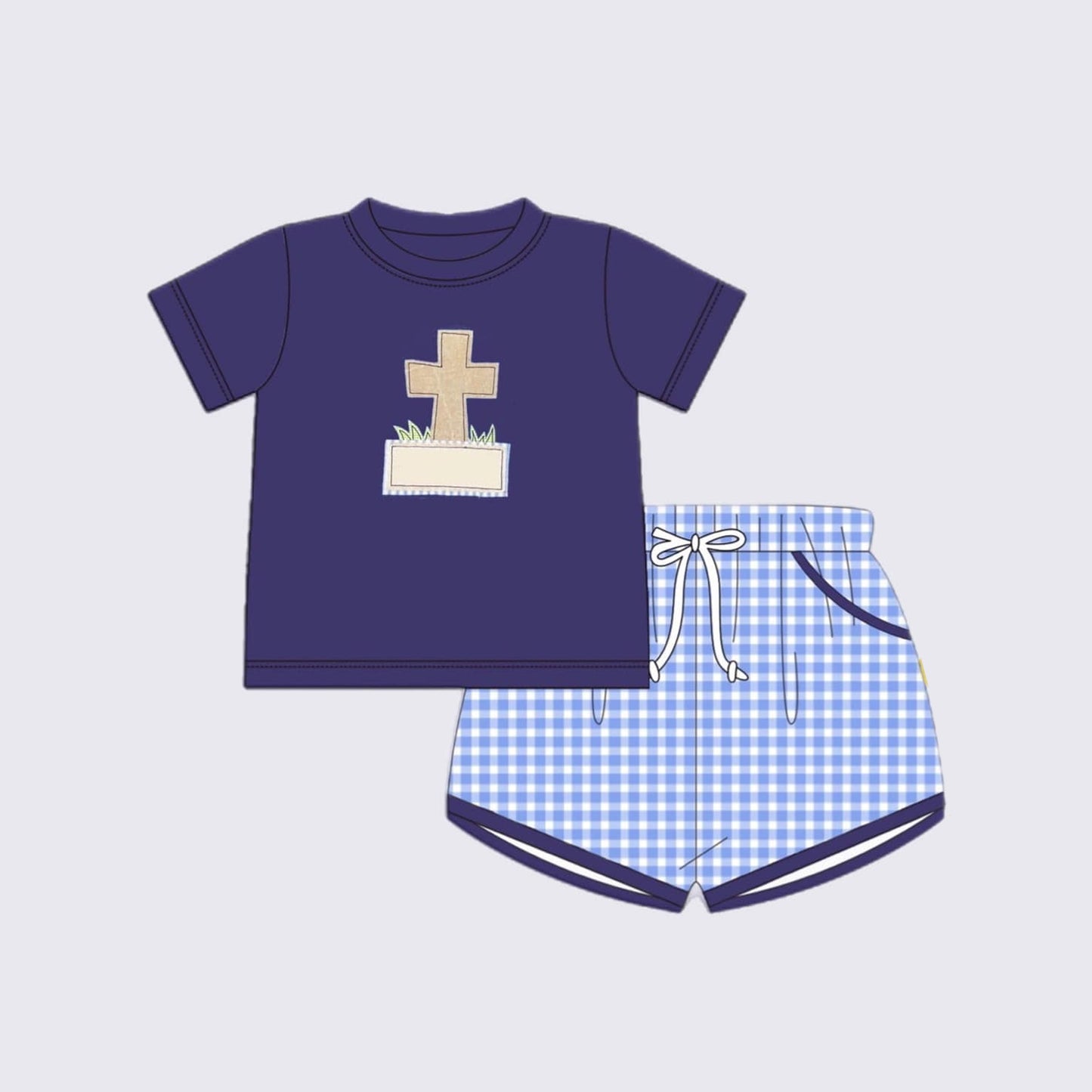 BSSO1006 Baby Boys Easter Cross Shirt Checkered Shorts Clothes Sets Preorder