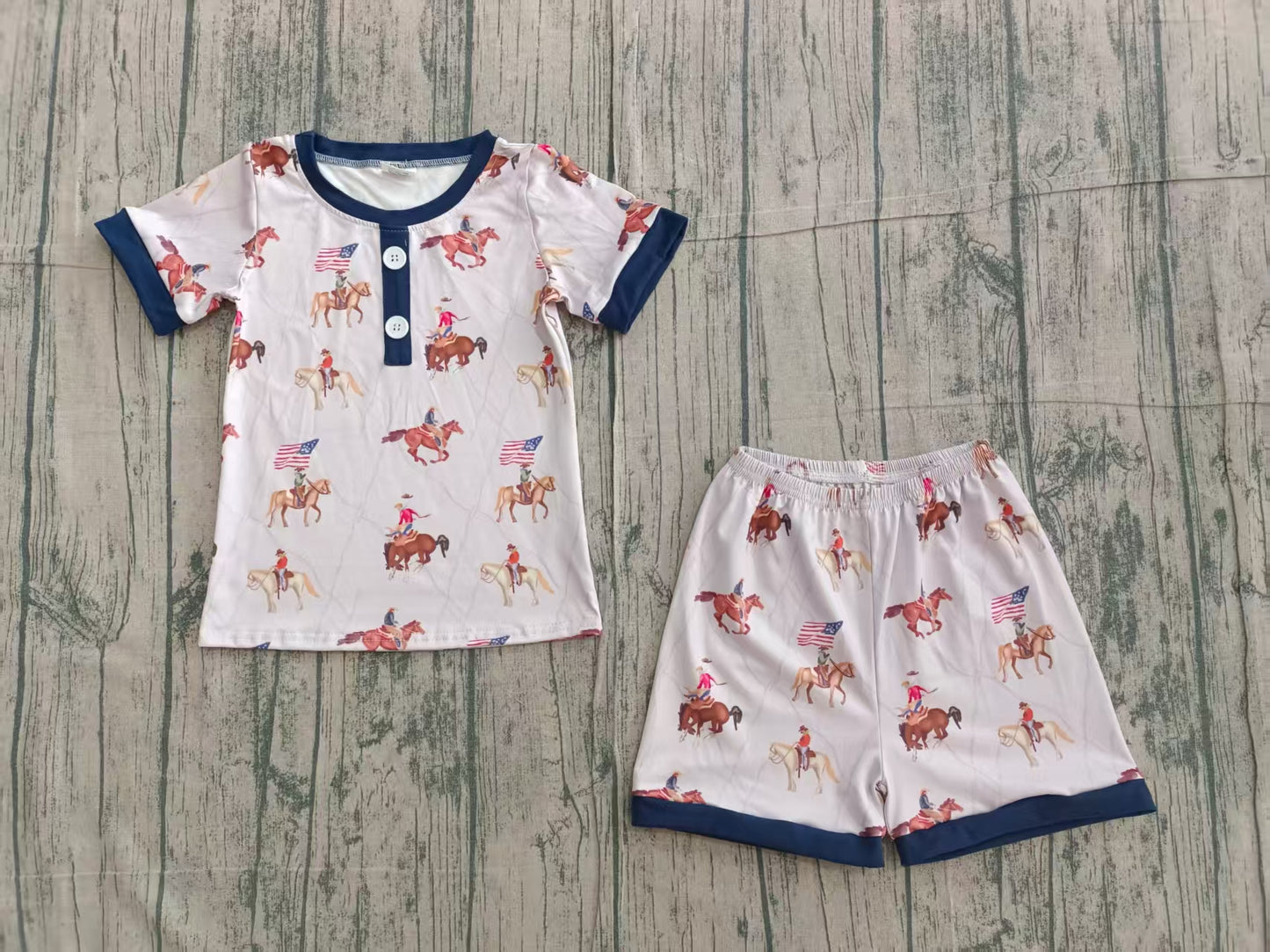 BSSO1497 Preorder IRL Baby Boy Hot Blue Button Horse Rodeos Flags Top Short 4th Of July Pajamas Set