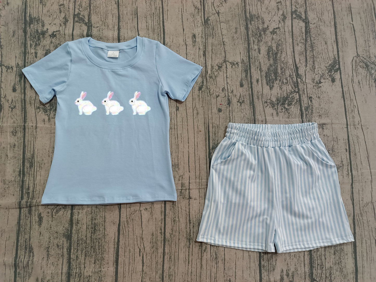 BSSO1560 Baby Boys Blue embroidery Short Sleeve Rabbits Top Stripe Pockets Shorts Easter Clothes Sets-25.12.30