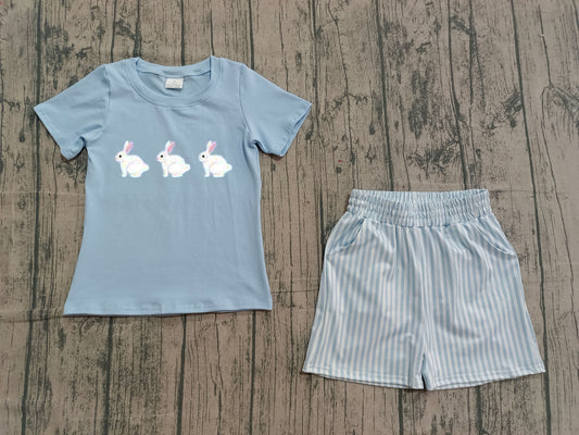 BSSO1560 Baby Boys Blue embroidery Short Sleeve Rabbits Top Stripe Pockets Shorts Easter Clothes Sets-25.12.30