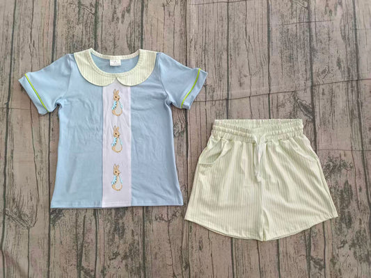 BSSO1564 Preorder IRL Embroidery Rabbits Baby Boys Collar Top Stripe Pockets Shorts Easter Clothes Sets