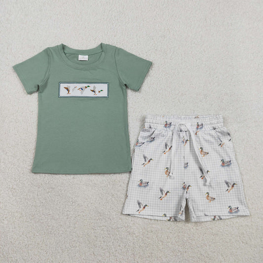 Kids Baby Boy Embroidery Hunting Ducks Top Plaid Pockets Shorts Clothes Sets BSSO1639