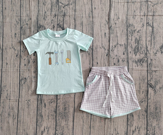 BSSO1666 Preorder IRL Baby Boy Embroidery Tools Top Checked Pockets Shorts Clothes Sets