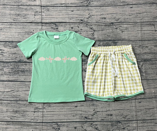 BSSO1684 pre-order baby boy clothes blue toddler summer embroidery green short sleeve shorts outfit-26.1.13